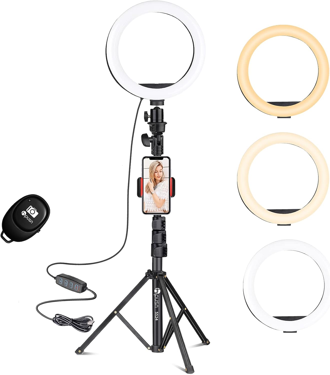 HPUSN Ring Light Tripod:Selfie Ring Light Phone Holder with Dimmable Led Ring Light for YouTube/Live Stream/Makeup/Vlog/TikTok Compatible with Smartphone