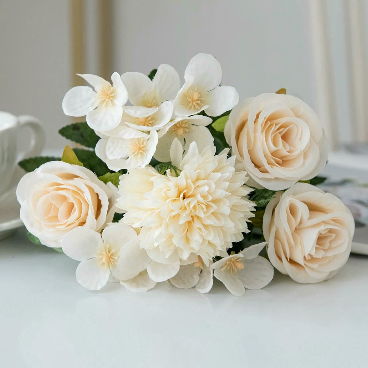 Ayhtud Beige Artificial Flowers Retro Silk Rose Bouquet Hydrangea Peony Vintage Bride Holding Fake Plants Home Wedding Decoration Accessories