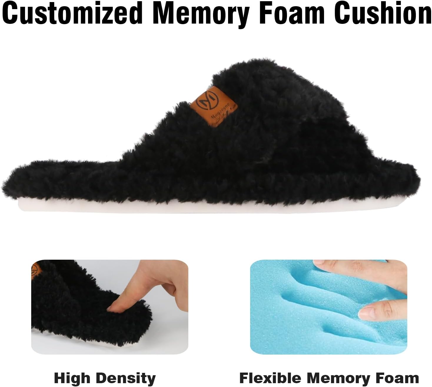 Fuzzy Memory Foam Open Toe House Slippers for Women Bedroom Cross band Slide Shoes Indoor Outdoor Sole - Image 4