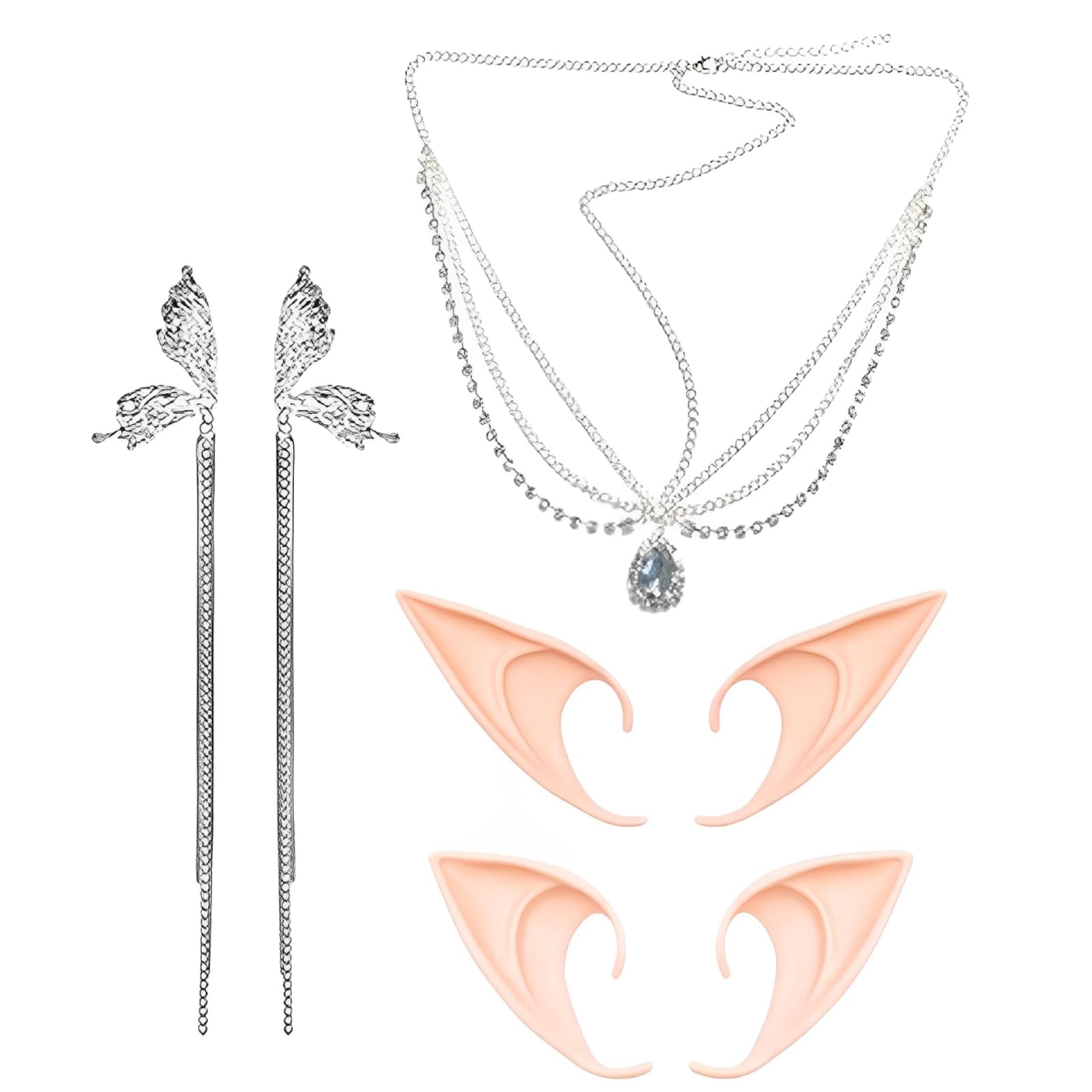 ARROMI 4Pcs Elf Ears Adult, Fantasy Elf Ear Cuffs with Butterfly Fringe Earrings Long Short Pointed, Elven Costume Accessories for Cosplay, Renaissance Fair, Halloween Party