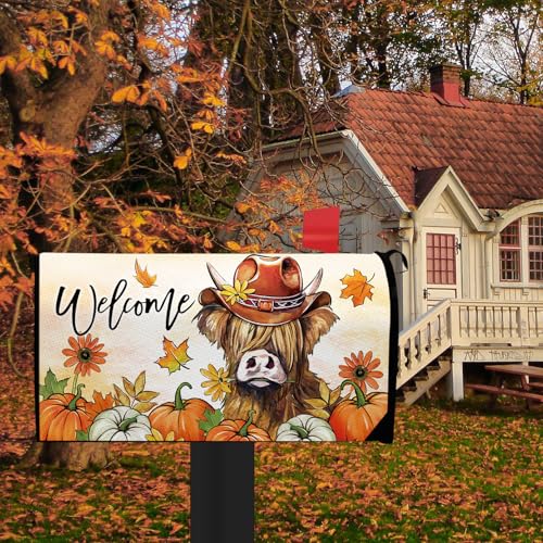 Image of Welcome Fall Highland Cow Mailbox Cover Magnetic Standard Size
