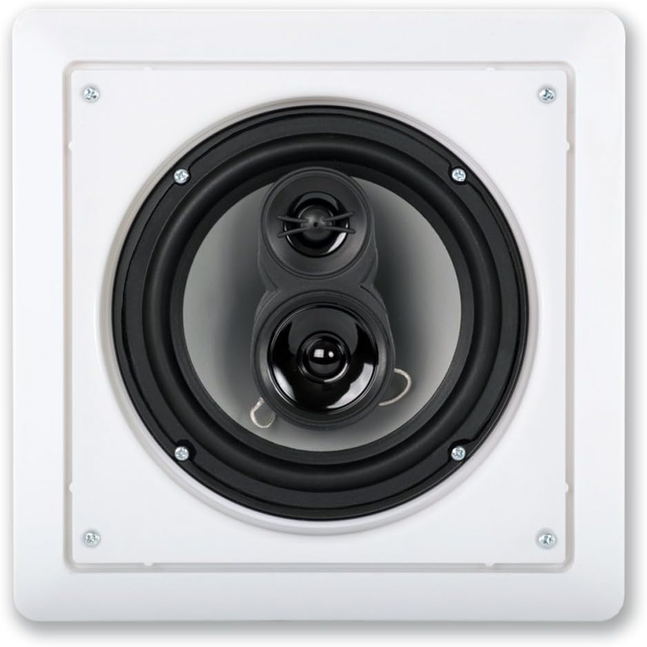 A single Acoustic Audio by Goldwood CSi63S speaker with its grille removed, showing the 6.5-inch woofer, midrange, and tweeter.