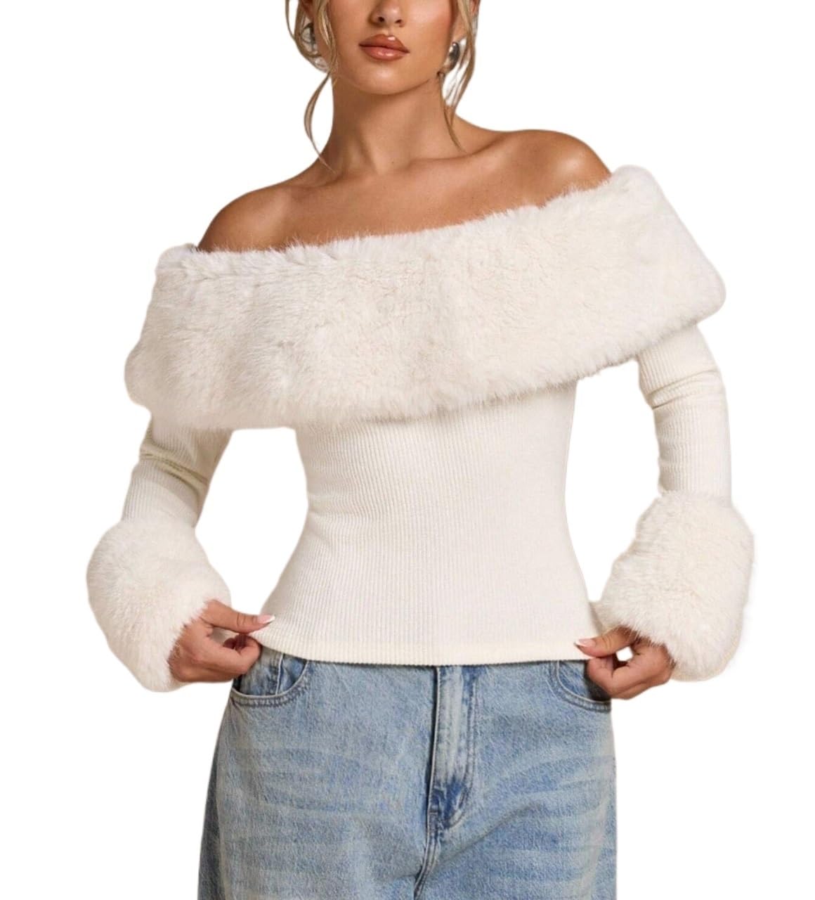 Off Shoulder Fuzzy Tight-Fitting Long Sleeve Sweater Casual Womens Solid Pullover Sweater Jumper Tops