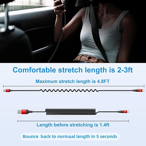 Miniatura 6 de Cable USB a USB C de carga rápida de 3 pies, paquete de 2 cables de carga USB C en espiral para automóvil, cable de carga USB tipo C automático Rojo