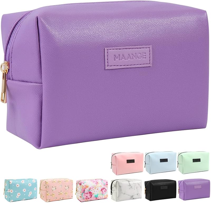 Necessaire de maquiagem MAANGE em couro PU roxo com zíper, 20,07 cm x 8,38 cm x 12,45 cm
