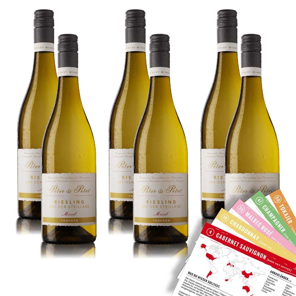Peter & Peter Riesling aus der Steillage Mosel QbA, feinherb, sortenreines Weinpaket + VINOX Weinkarten (6x0,75 l)