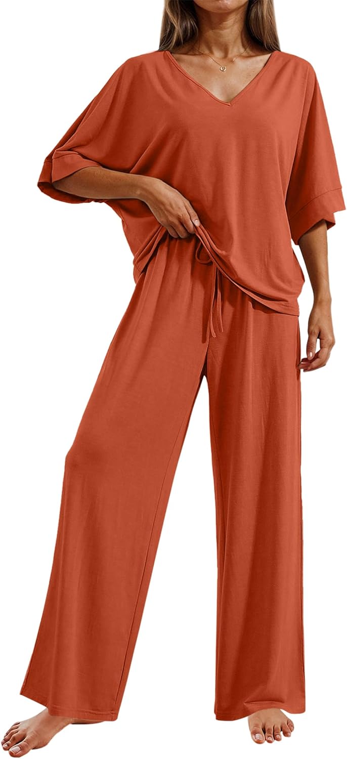 Ekouaer Pajama Sets for Women 2 Piece Lounge Set Short Sleeve Tops and Long Pants Soft Comfy Pjs Sleepwear Outfits S-XXL