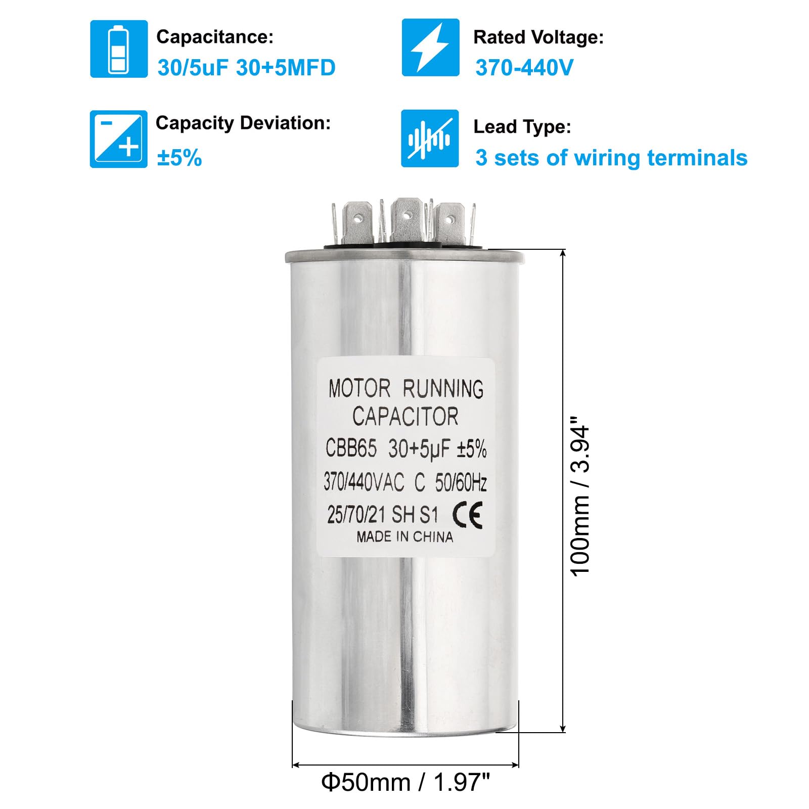 PATIKIL 30/5uF 30+5MFD 370-440V AC Condensador, 10 Piezas CBB65 Condensadores Arranque Motor Condensador Doble Funcionamiento Acondicionador Aire O Bomba Calor Condensador