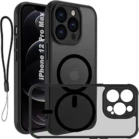 USTIYA Magnética Capa para iPhone 12 Pro Max 6,7 polegadas Case Matte Acrílico Uso Resistente Protetora de Câmera Capinha Acessórios para Celular com Cordão Preto FGCX