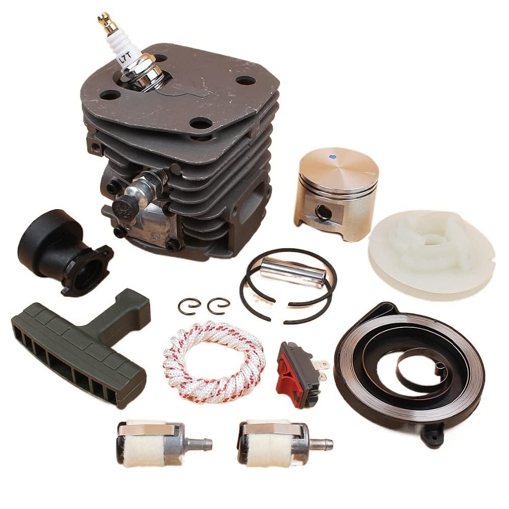 Parti di ricambio per utensili elettrici per esterni 45 mm Cilindro Pistone Catena Regolatore Recoil Molla Puleggia Aspirazione Set Fit 340 345 350 346 346XP 351 Motosega Ricambi per Patio Prato