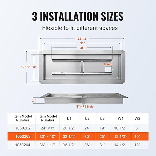 Miniatura 4 de VEVOR Sartén para hoguera de 30 x 10 pulgadas, kit de quemador rectangular de acero inoxidable, sartén de gas propano de 125,000 BTU con quemador en