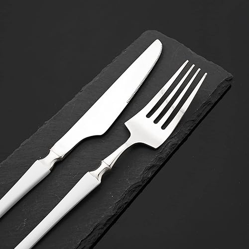 Miniatura 6 de JASHII Juego de 24 cubiertos blancos y plateados con mango plano de cintura pequeña, juego de cubiertos de acero inoxidable para 6 cubiertos, juegos