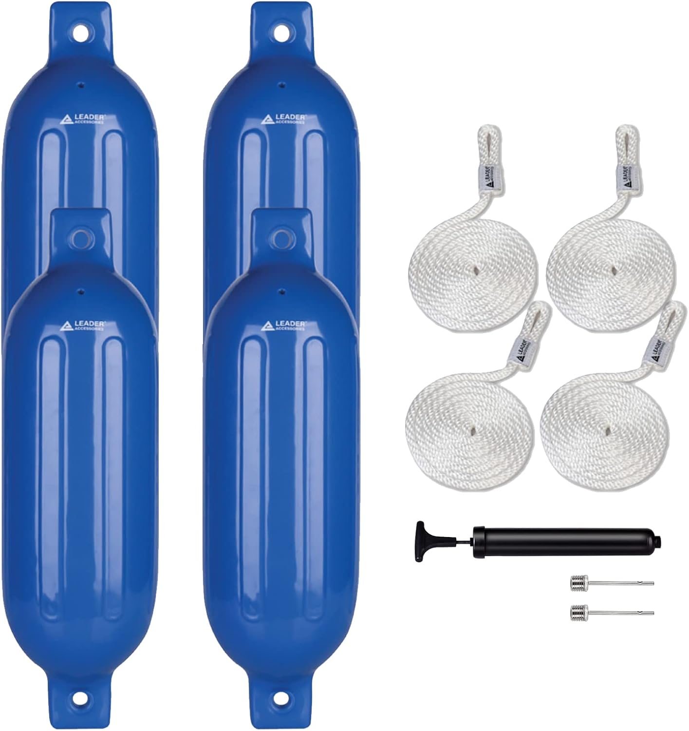 Leader Accessories Ribbed Twin Eyes Boat Fender Bumper Pack of 4 Includes 3/8'' Fender Lines and Pump to Inflate