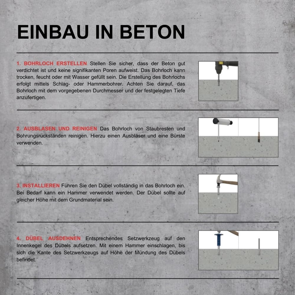 Einschlaganker verzinkt, mit Kragen, M16 x 65 mm Ø20-25 Stück | ETA-Zulassung Schlaganker Metalldübel Beton Dübel Anker Verankerung von Gewindestangen
