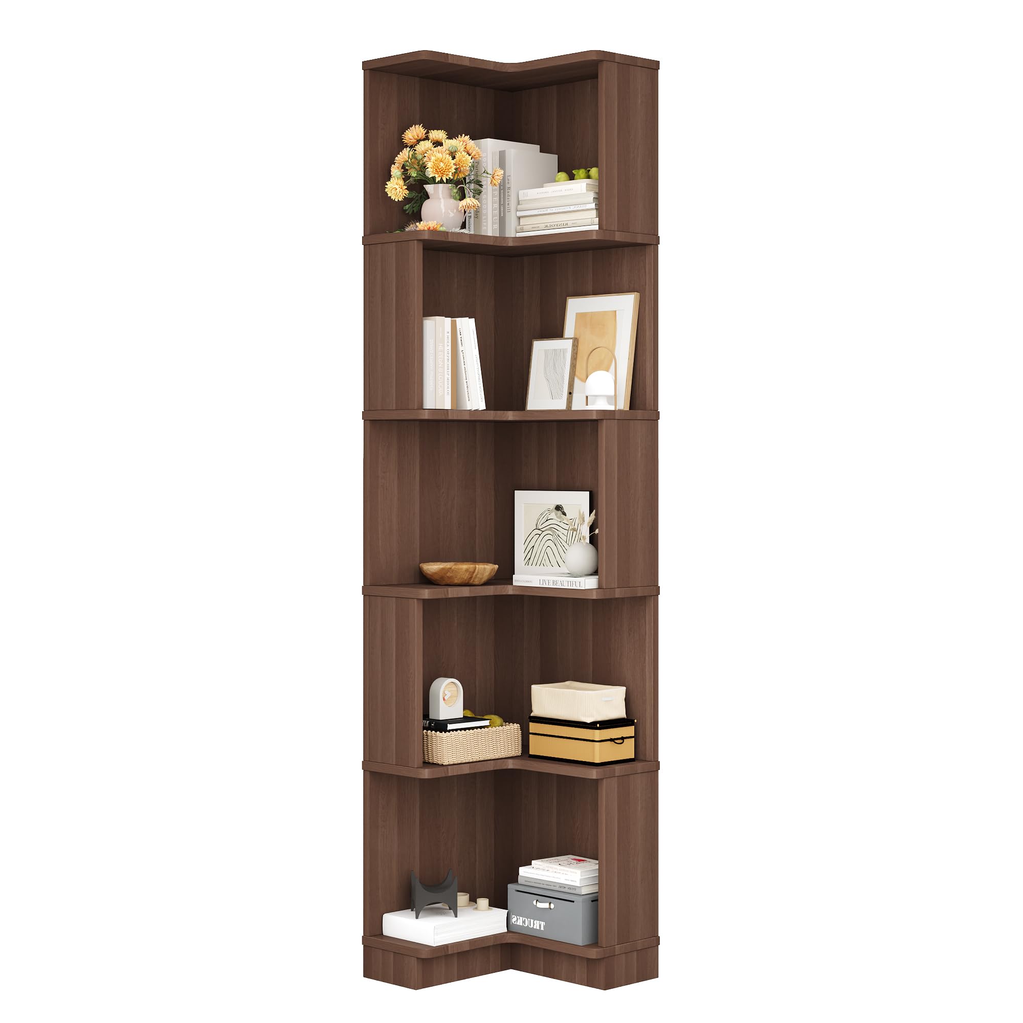 BTM Eckbücherregal mit LED-Lichtleiste Eckregal Holz Stehend Wohnzimmer Bücherregal Schmal, Braun 63.5 x 45 x 175cm