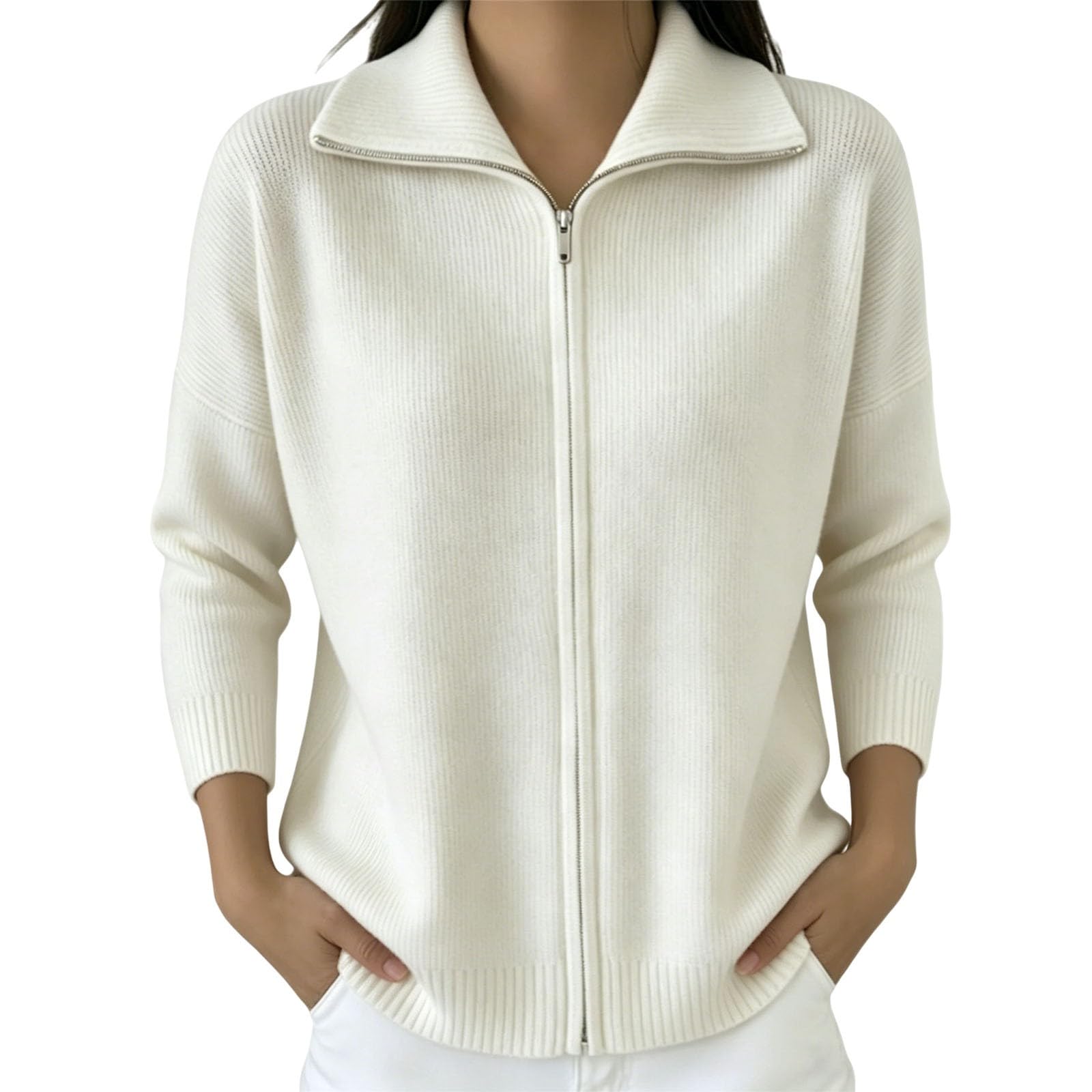 Generico Damen-Strickjacke mit Reißverschluss, Stehkragen, lange Ärmel | Einfarbig Gestrickte Jacke Kleidung Frühling Herbst Casual Style Pullover Elegant Bequeme Passform