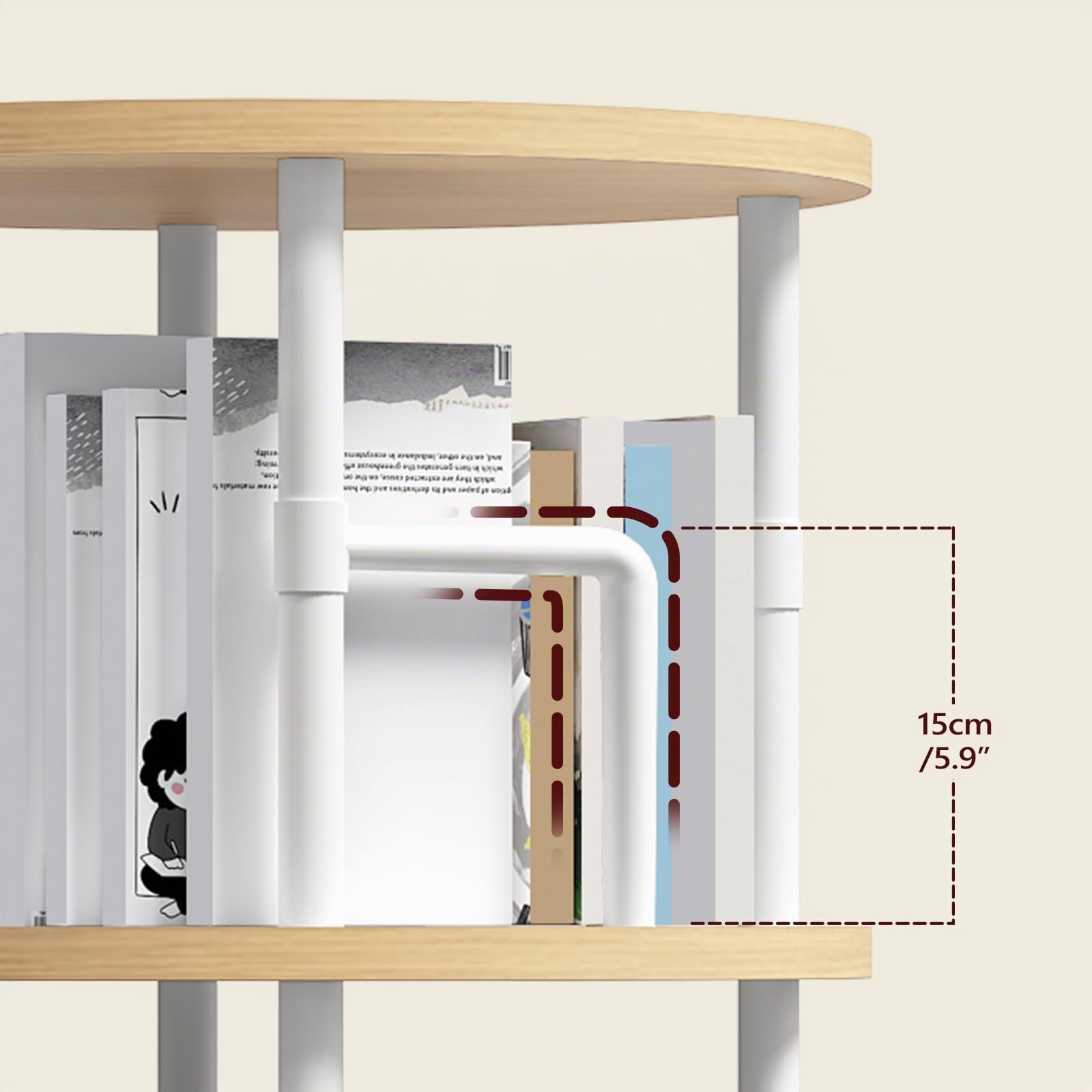 MAHANCRIS Estantería Giratoria de 5 Niveles, Display girevole a 360°,Librería de Pie con Barras de Seguridad, para Sala, Dormitorio o Despacho, Madera Natural y Blanco ABKBN4501