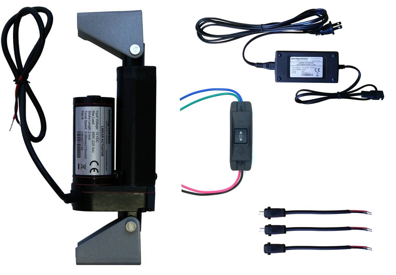WindyNation 12V 2" Linear Actuator + Power Supply + Up Down DPDT Switch + Mounting Brackets + Connectors (2" Linear Actuator, Momentary Switch)