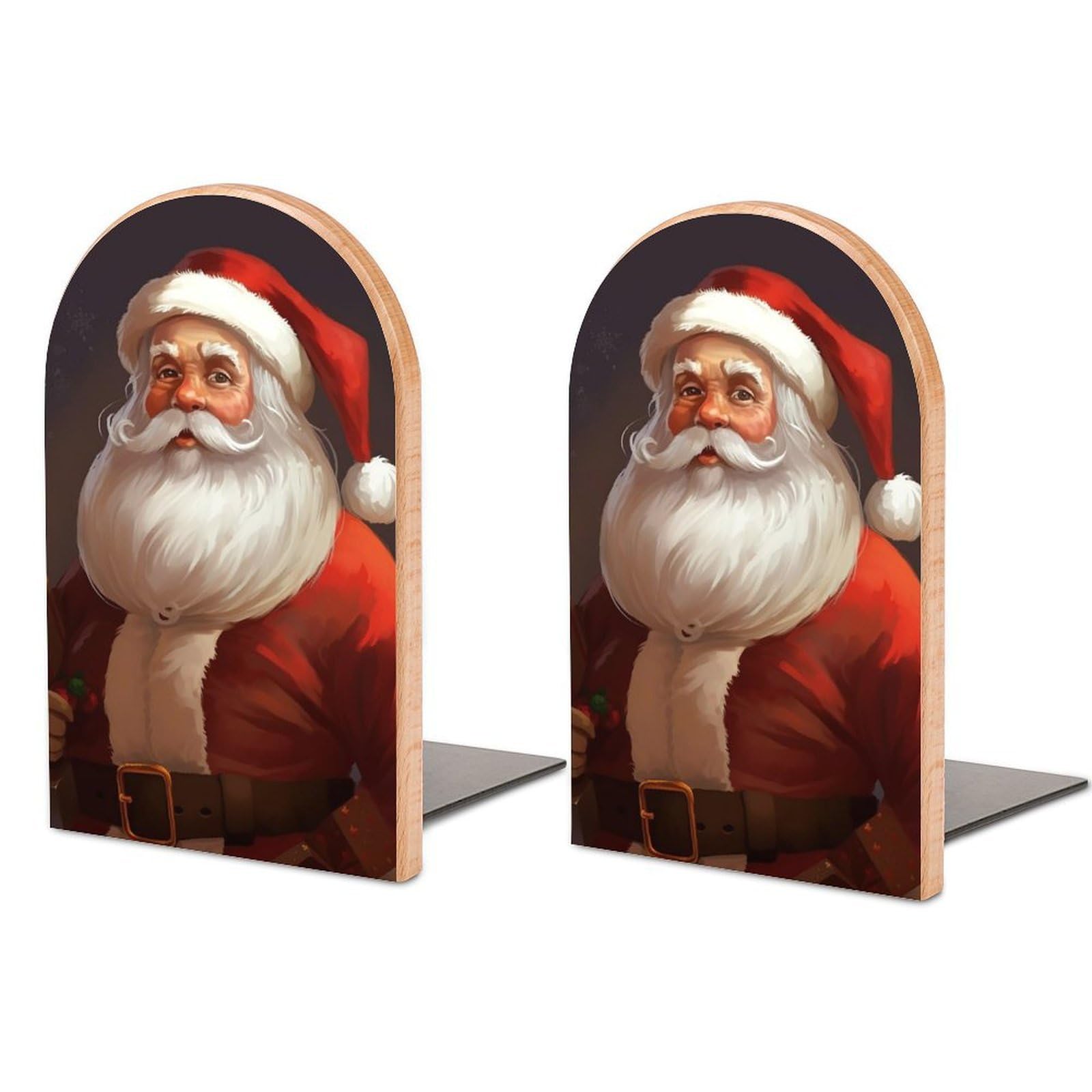Beech Wood Book Ends Santa Claus Printed Bookend for Shelves Home Decorative Bookends for Heavy Books for Office Bookshelves
