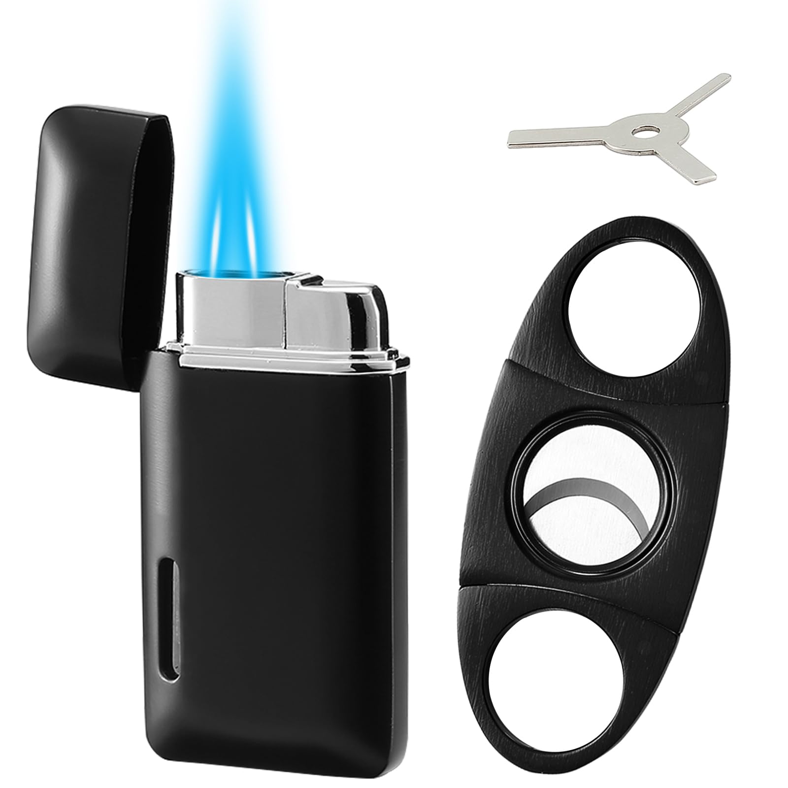 𝐂𝐮𝐭𝐭𝐞𝐫 and Lighter Set, Double Jet Flame Butane Torch Lighter with Adjustment Flame Tools, Refillable Windproof Gas Lighter. Gifts for Men. Black(Sold Without Gas)