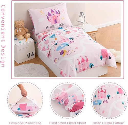 Miniatura 5 de PERFEMET Juego de ropa de cama de 4 piezas para niñas, castillo rosa, cuentos de hadas, juego de edredón reversible colorido estampado de princesa