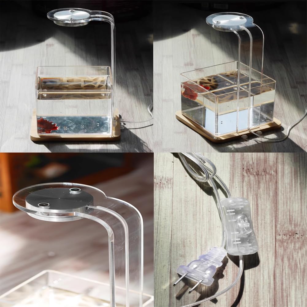 Acquario per Pesci Betta con Luce LED E Base in Venature del Legno, Kit di Avviamento per Acquario in Acrilico, Facile da Mantenere, Boccia per Pesci da Tavolo
