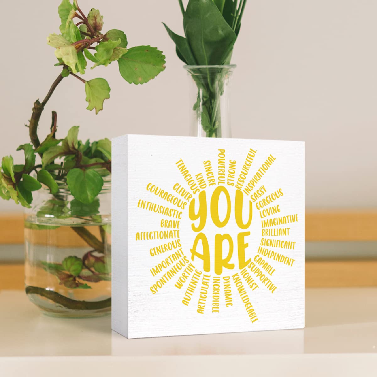 Yellow Sunshine Wood Box Sign You Are Sun Decor Wooden Block Signs Motivational Sign Inspirational Desk Décor for Home Office Bedroom Classroom Table Décor