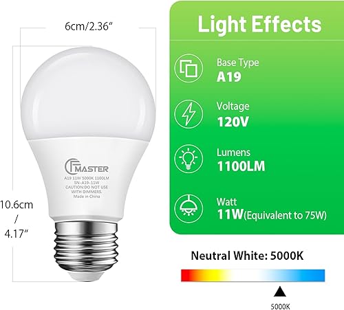 Miniatura 9 de Bombilla LED A19, bombillas equivalentes a 100 W, luz diurna de 15 W 5000 K, 1500 lúmenes, bombilla LED no regulable, base estándar E26 para