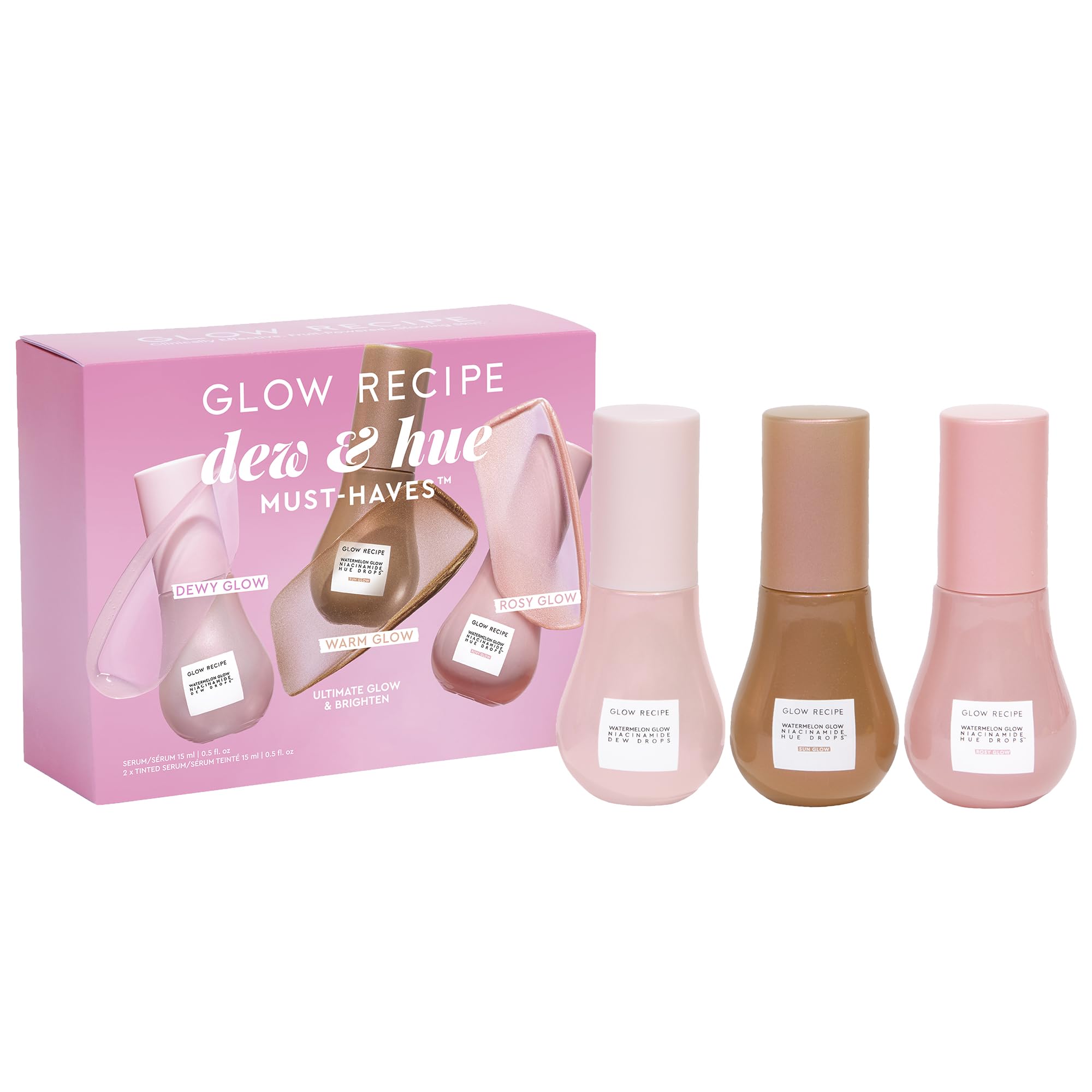 Glow Recipe Skin Care Set, Dew & Hues Must-Haves - Limited Edition Travel Size Gift Set with Niacinamide Dew Drops, Hue Drops Sun Glow & Rosy Glow (