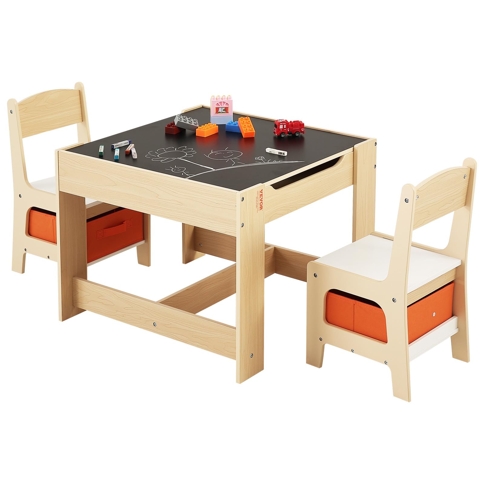 VEVOR Kids Table and Chair Set, 3 in 1 Wooden Kids Table with Storage Drawer, Toddler Activity Play Desk with 2 in 1 Detachable Tabletop, Children