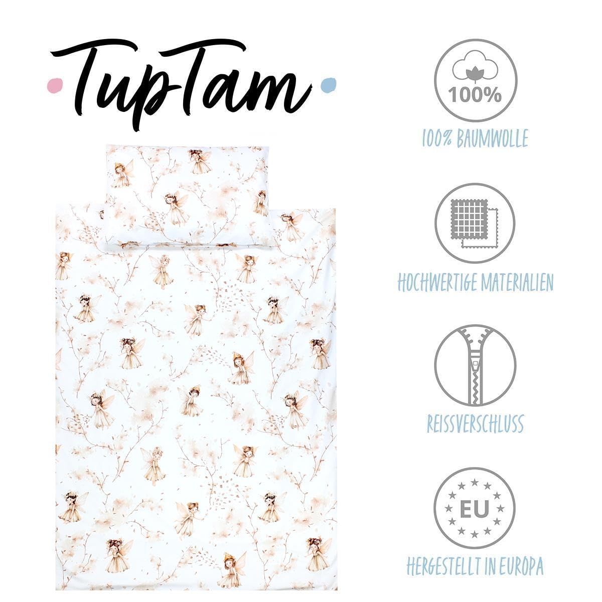 TupTam Ensemble de Linge de Lit pour Enfants 2 Pièces pour Fille Garçon, Beige/Fées, 120x90 cm