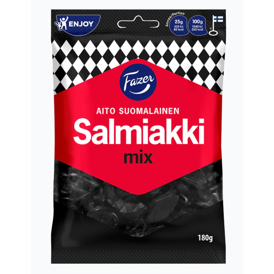 Fazer Salmiakki Mix - 180g - Pack of 1 - Finnish Salty Licorice - Salmiak Wine Gums - Chewy Gummy Candy - Packed in a Blue Desert Market Bag - Product of Finland