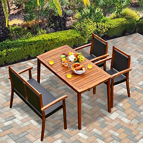 Tangkula 4 Pieces Patio Dining Set For 4, Patiojoy Space-Saving Outdoor Acacia Wood Dining Table And Pe Rattan Chairs Set With 1.9” Umbrella Hole, For Garden, Backyard, Deck, Poolside, Balcony #TOP1