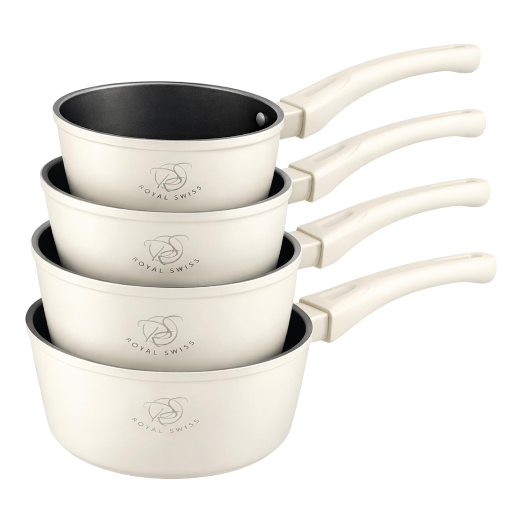 Royal Swiss® 5-teiliges Töpfe-Set mit abnehmbarem Griff | Kochtöpfe 14/16/18/20 cm + Universal-Glasdeckel | Induktionsgeeignet, Platzsparendes Kochset für alle Herdarten (Beige, normal)