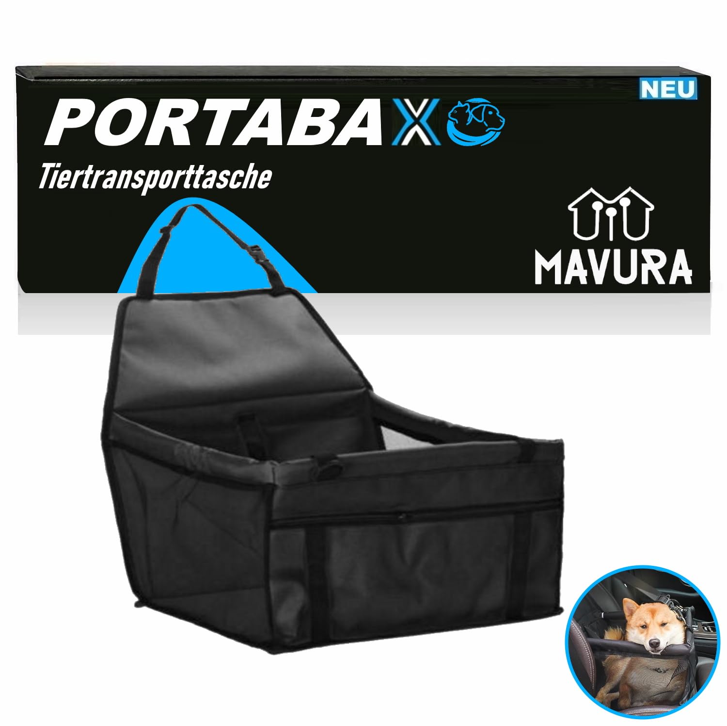 PORTABAX Tiertransportbox Auto Hundetasche Haustier Hund Katze Tragetasche Transporttasche für Autositz schwarz