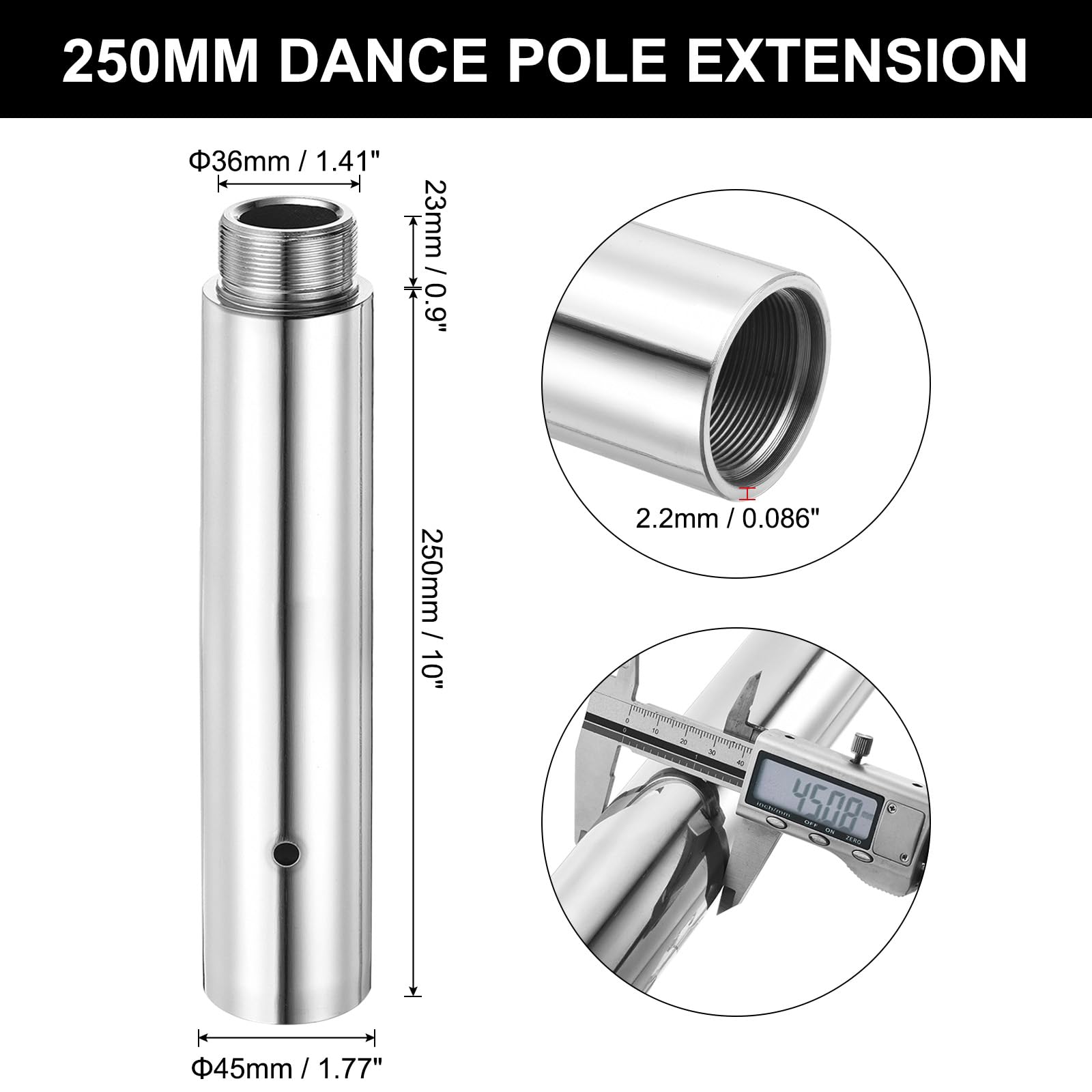 PATIKIL 250mm(10") Dance Pole Extension for 45mm Stripper Dance Pole Stainless Steel Extending Tube Height Adjustable Replacement Accessories for Dancing Pole Connect - Image 2