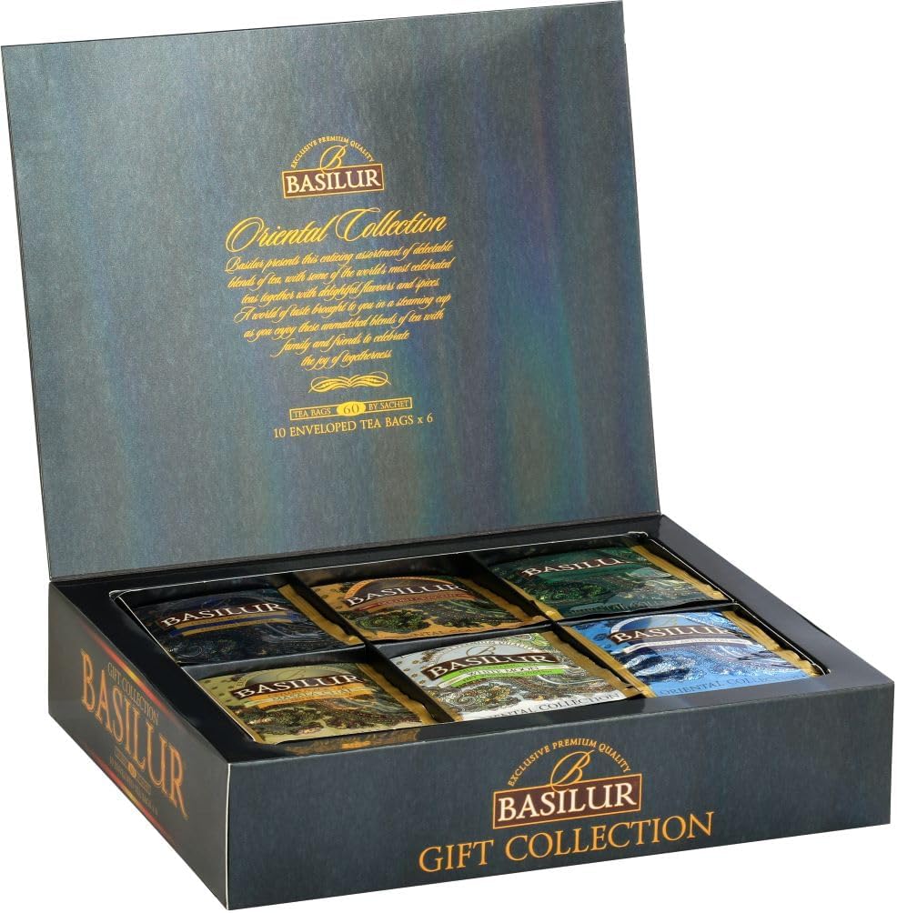 Basilur | Oriental Assorted Gift Box | Flavoured Black & Green Ceylon Tea | 60 Tea Bags | 6 Blends: Masala Chai, Moroccan Mint, Frosty Afternoon, White Moon, Golden Crescent & Magic Nights