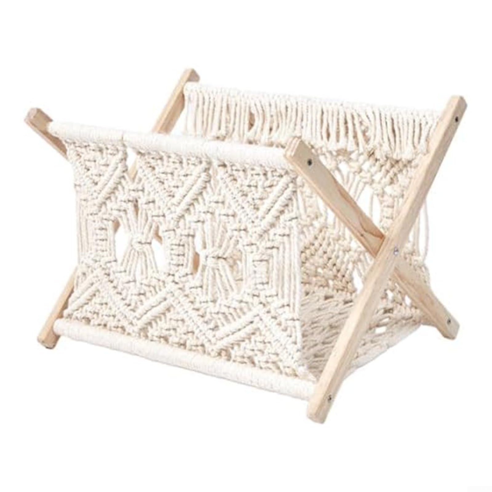 Portariviste intrecciato a mano, pieghevole, in legno e corda di cotone, porta giornali per soggiorno, camera da letto, ufficio, cestino portaoggetti bianco per libri, tablet, asciugamani