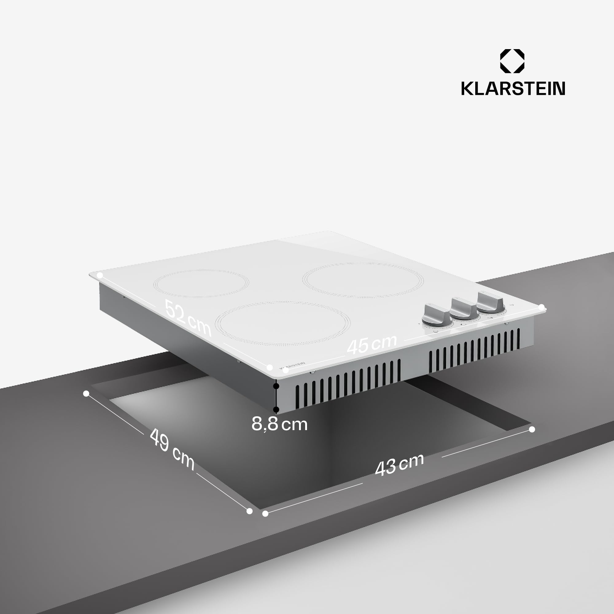 Klarstein Kochheld Placa Induccion 3 Fuegos - 5700W Boost, 3 Zonas, Mando Giratorio, Indicador Calor Residual, Protección Sobrecalentamiento, Vitrocerámica 45cm, Placa de Inducción, Blanco