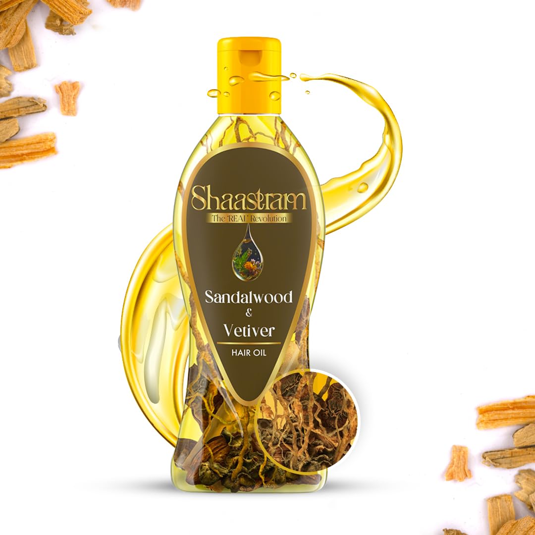 Shaastram Sandalwood Vetiver Herbal Hair Oil with Real Vetiver Roots, Sesame, Brahmi, Ashwagandha Oil Extract & Ayurvedic Herbs | Hair Growth, Breakage Control | Natural Hair Care for Men Women 180ml