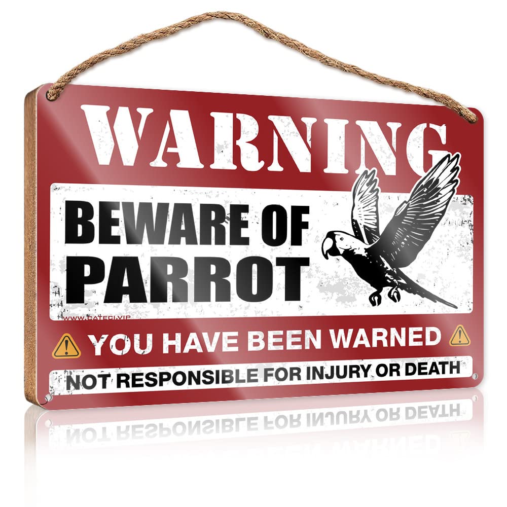 FZFN Hanging Plaque Wooden Beware Of Parrot Wooden Sign Front Porch Decor Gifts For The Office(15X28CM)