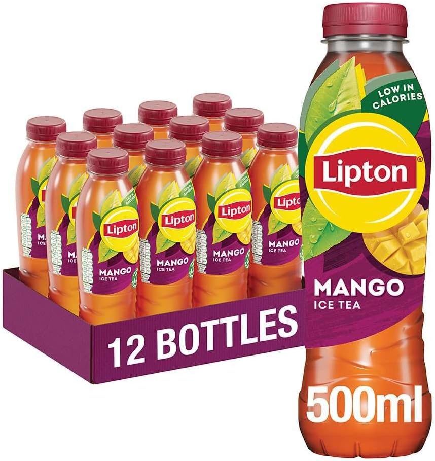 Lipton​ Mango​ Bottled Ice Tea​ 500ml (Pack of 12), low calorie​ soft drink​, 100% black tea extract