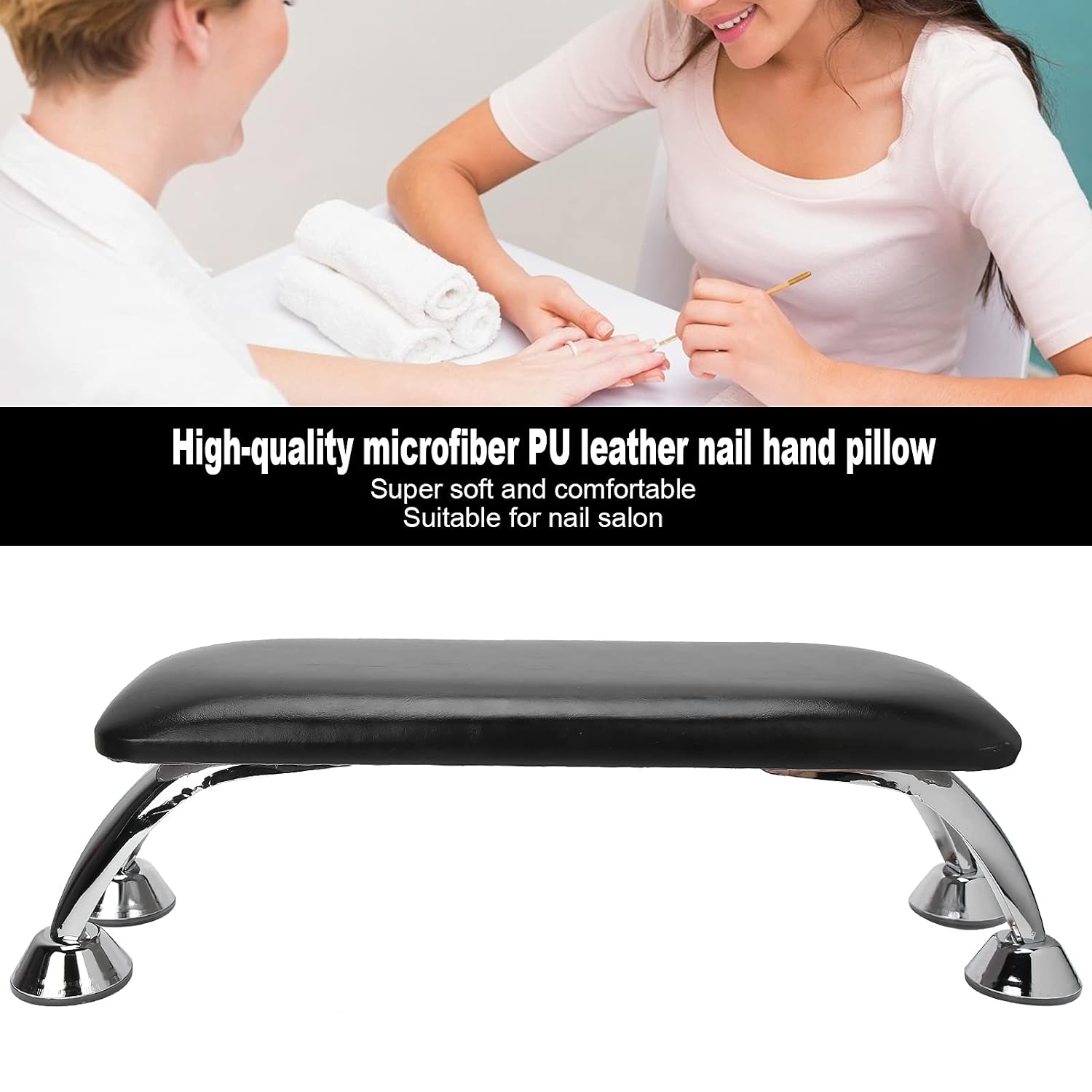 Nail Art Hand Pillow with Stainless Steel Support, Salon Arm Rest Cushion for Manicure, Ergonomic Hand Rest Pillow Compatible with Most Nail Lamps, Black