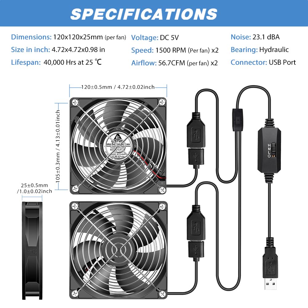 GDSTIME Lot de 2 Ventilateur PC 120mm USB Fan 5V 120x120x25 Réglable | ventilateur usb 120mm USB PC Fan 3 Vitesse Réglable pour Ordinateur Meuble Récepteur Routeur