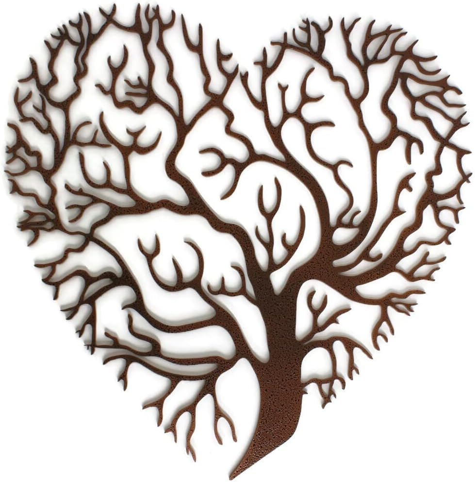 Tree of Life Steel Plaque Powder Coated Wall Art Round or Heart Shape 15 Inches Tall (Heart, Copper)