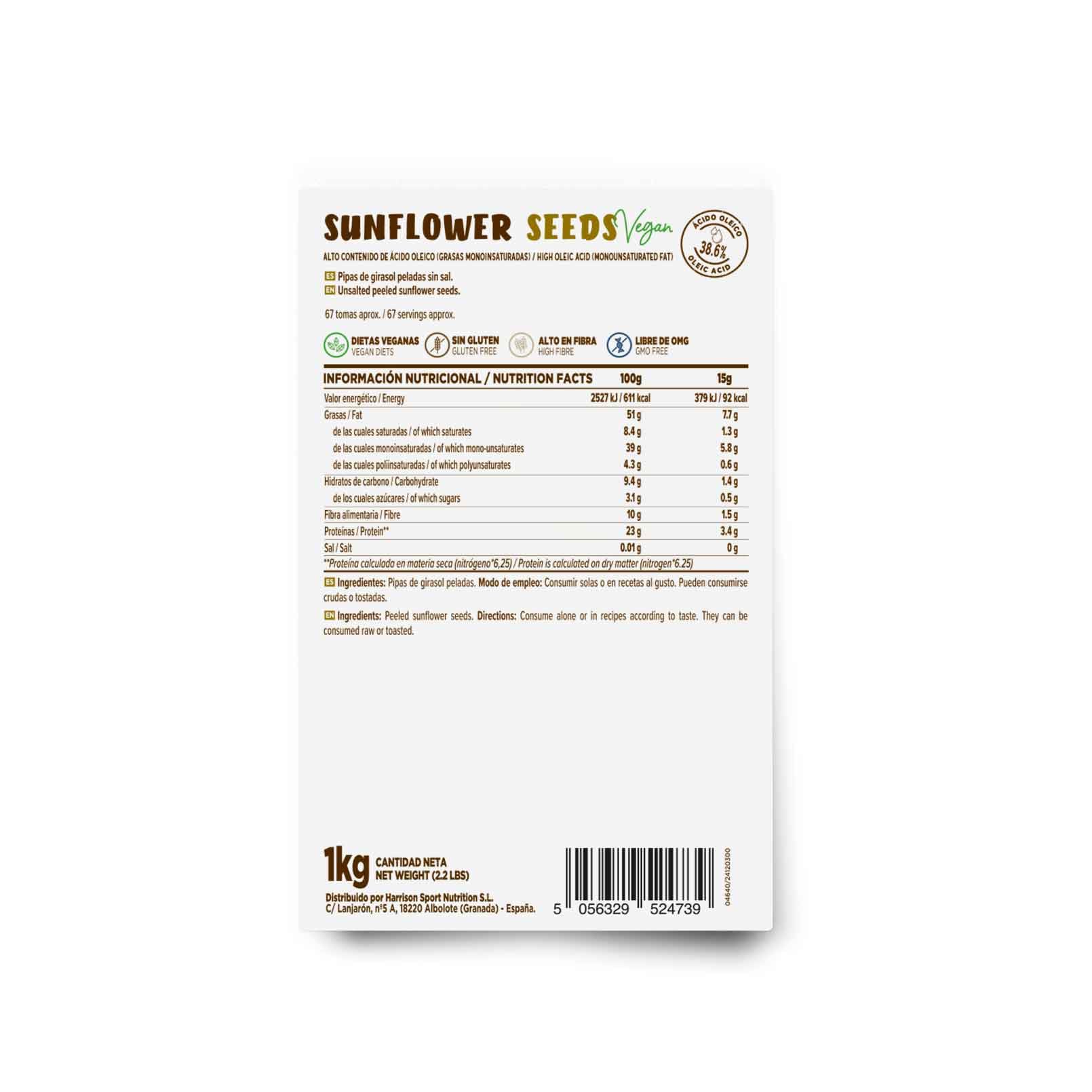 HSN Pipas de Girasol Peladas Sin Sal 1Kg | Semillas Crudas Alto Oleico (38,6% Ácido Oleico) | Ricas en Proteína y Fibra | Snack Natural para Ensaladas, Panes y Repostería | 100% Vegano Sin Gluten