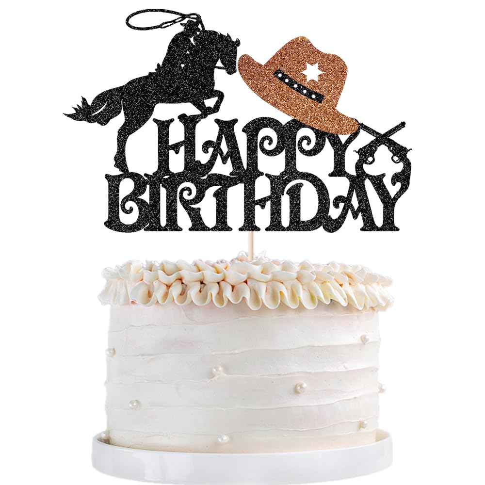 Western Cowboy Cake Topper - Glitter Theme Happy Birthday Party Decoration, Baby Shower & Boy/Girl Birthday Party Decoration Supplies