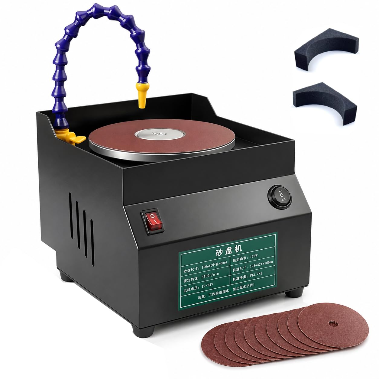 120W Wet Bench Sander, Electric Knife Sharpener with Water Drip Cooling, 7-Speed Adjustment up to 3350 RPM, 10 Sandpaper Sheets for Chef Knives, Chisels, Woodworking and Shop Tools
