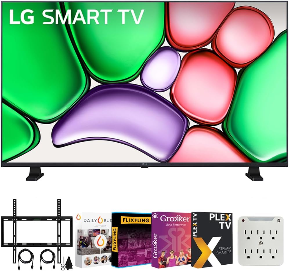 LG 32LR655BPUA 32 inch Class LR65 Series LED HD WebOS TV Bundle with Deco Mount Flat Wall Mount Kit for 19-45 inch TVs + Tech Smart USA Movies Streaming 2020 + 6-Outlet Surge Adapter