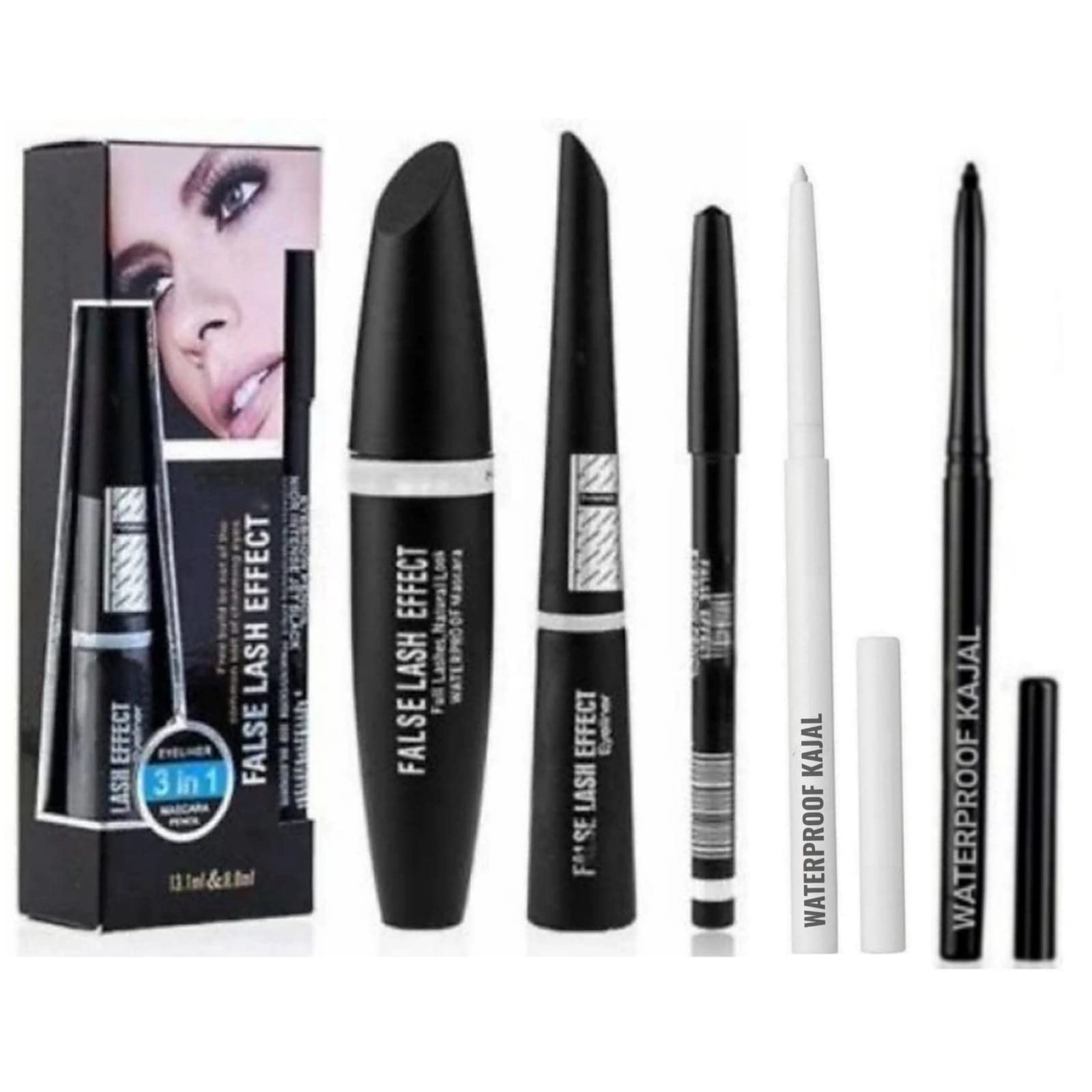 CLASSYHUDA 3 IN 1 Eyeliner, Mascara, Eyebrow Pencil, Kajal in Black & White. Waterproof Eye Makeup Kit. (Pack Of - 5).
